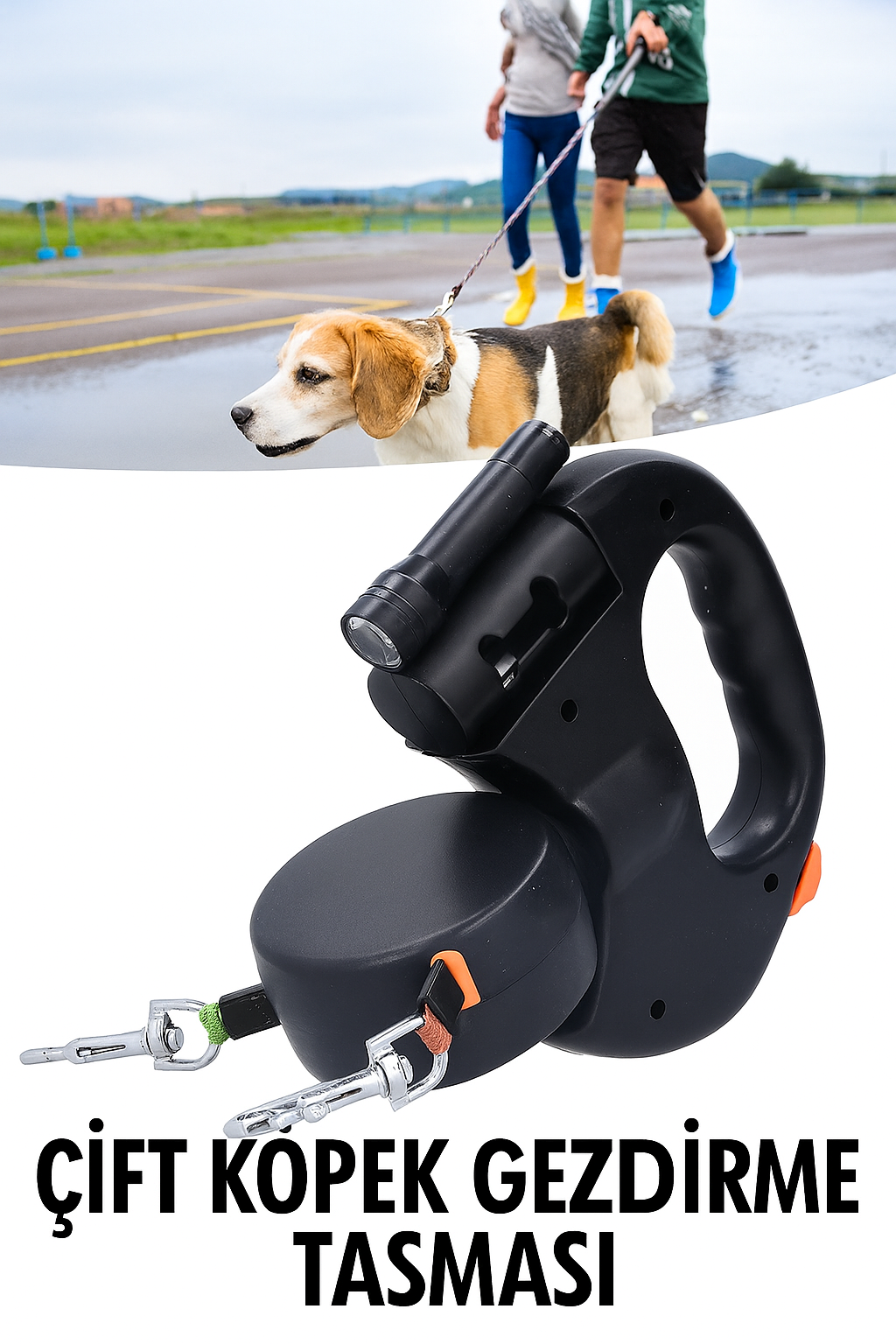 Çok Fonksiyonlu Çift Köpek Gezdirme Tasması | LED Işıklı, Poşet Hazneli