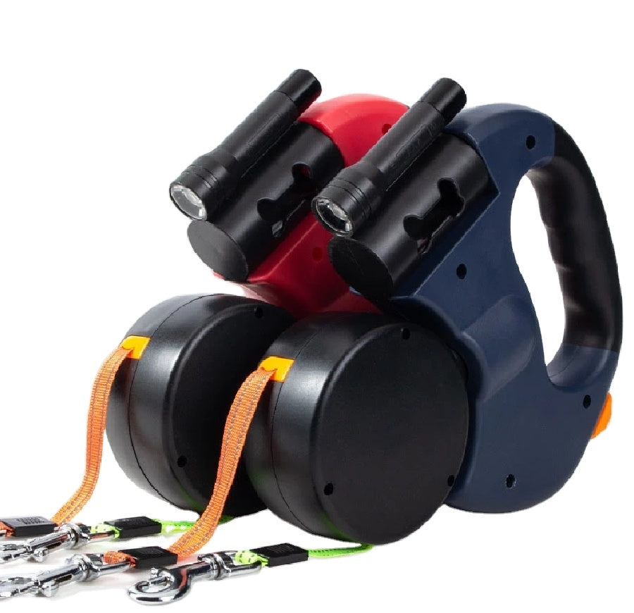Çok Fonksiyonlu Çift Köpek Gezdirme Tasması | LED Işıklı, Poşet Hazneli