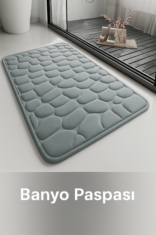 Taş Desenli Kaymaz Tabanlı Su Emici Banyo Paspası – Gri