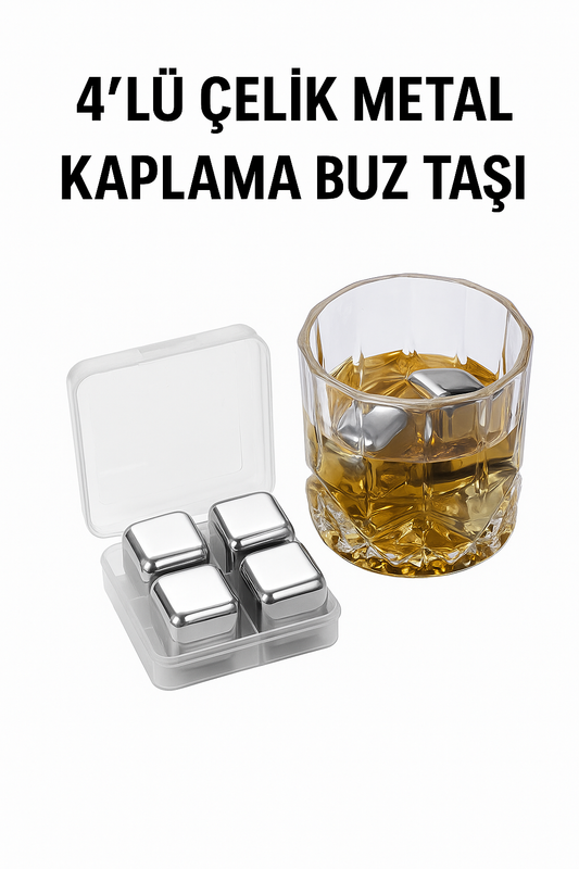 4'lü Çelik Metal Kaplama Buz Taşı – İçeceklerinizi Seyrelmeden Soğutun